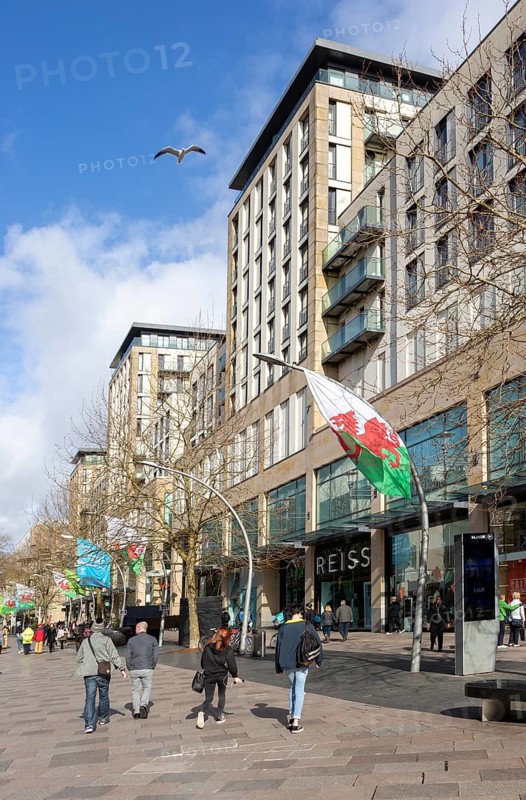 The Hayes pedestrianised shopping street in city centre of Cardiff, South Wales, UK
