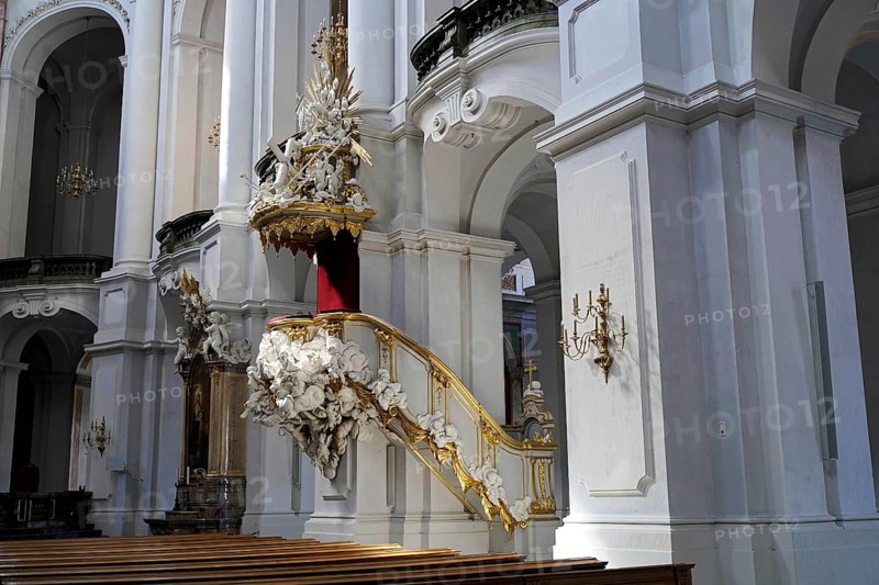 Pulpit, interior view of St Trinitatis Cathedral, altar, nave, Dresden, Free State of Saxony, Germany, Europe