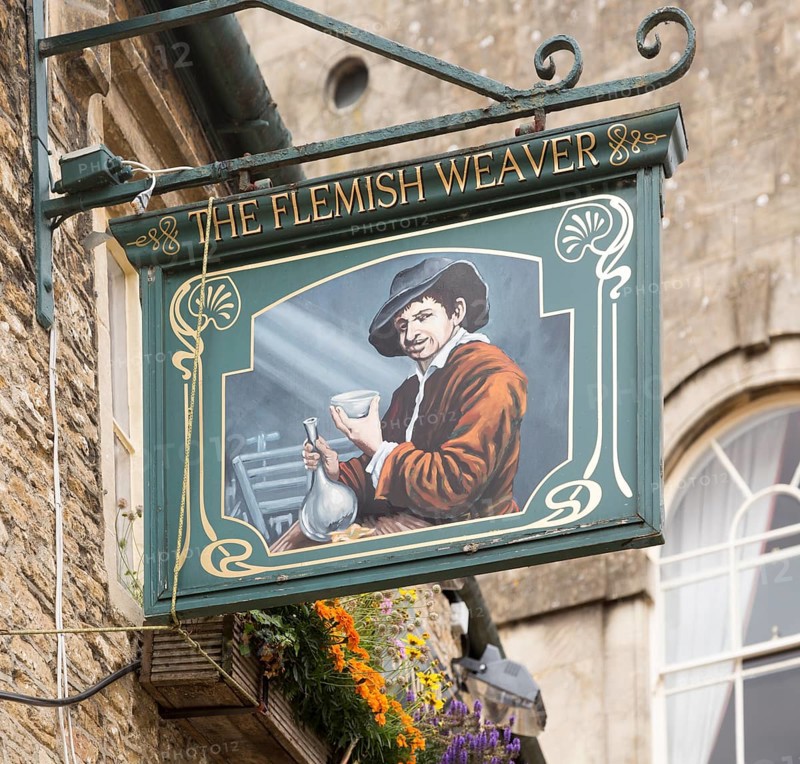 Pub sign for The Flemish Weaver, Corsham, Wiltshire, England, UK