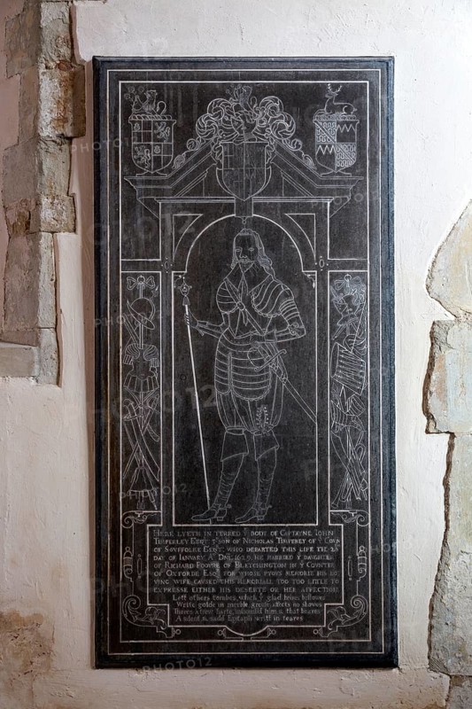 17th century memorial to Captain John Timperley died 1629 Captayne John Timperley, son of Nicholas Timperley of Hintlesham Hall, for whose pyous memorie his loving wife caused this memoriall too too little to expresse either his deserte or her affection Church of Saint Nicholas, Hintlesham, Suffolk, England, UK