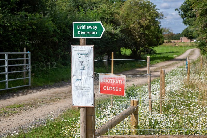 Footpath closed bridleway alternative route diversion signs in countryside at Sutton, Suffolk, England, UK