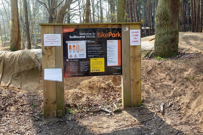 Sign at BikePark, Sudbourne Woods, Forestry Commission Bike Park, Suffolk, England, UK