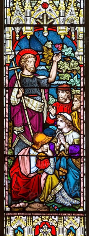 Stained glass window in church of Saint John the Baptist, Badingham, Suffolk, England, UK circa 1873 by Cox and Son, Saint John the Baptist preaching