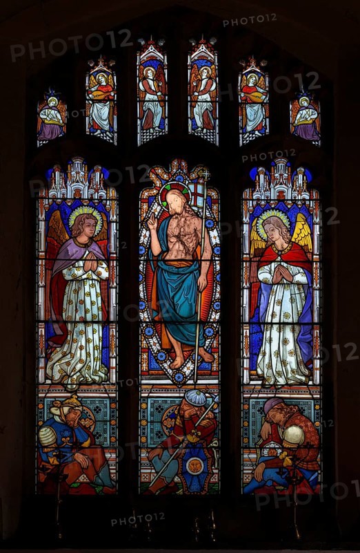 Victorian 19th century stained glass window, Lawshall church, Suffolk, England, UK by Horwood Bros, Resurrection