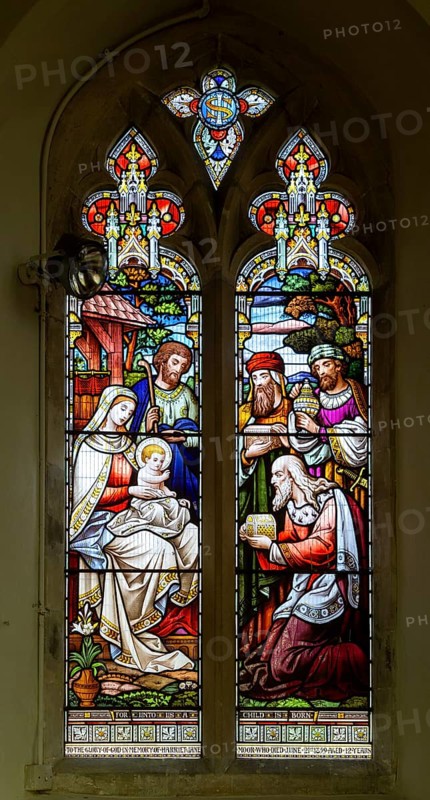 Stained glass window c 1882 Adoration of Magi, Great Bealings church, Suffolk, England, UK by Ward and Hughes