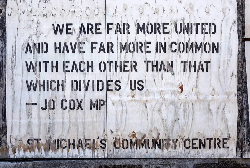 Quotation from MP Jo Cox on community centre board, Ipswich, Suffolk, England, UK