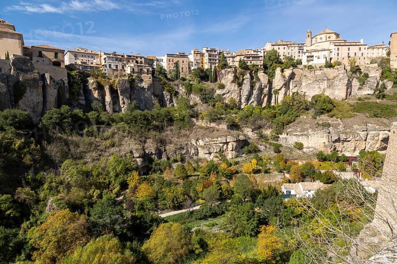 Historic buildings on cliff of river gorge, Rio Huecar, Cuenca, Castille La Mancha, Spain, Europe