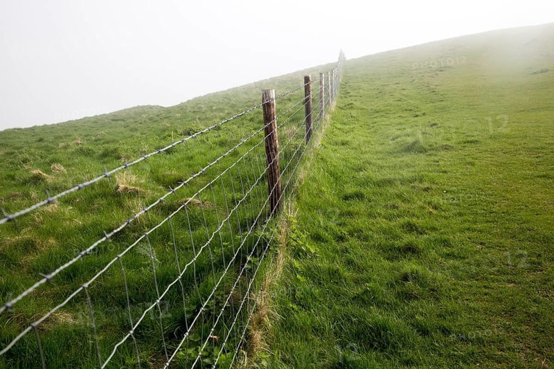 Barbed wire fence in fog on chalk downs near Knap Hill, Alton Barnes, Wiltshire, England, UK