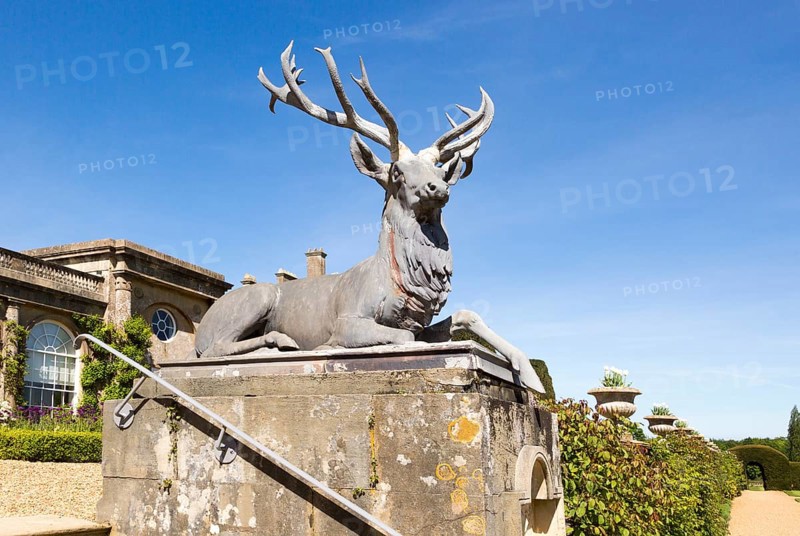 Deer stag sculpture terrace garden Bowood House and gardens, Calne, Wiltshire, England, UK