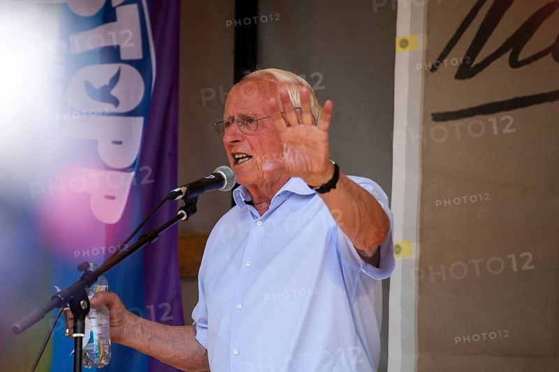 Oskar Lafontaine speaks at the peace demonstration in front of Ramstein Air Base against war and armament and in favour of diplomacy and negotiations