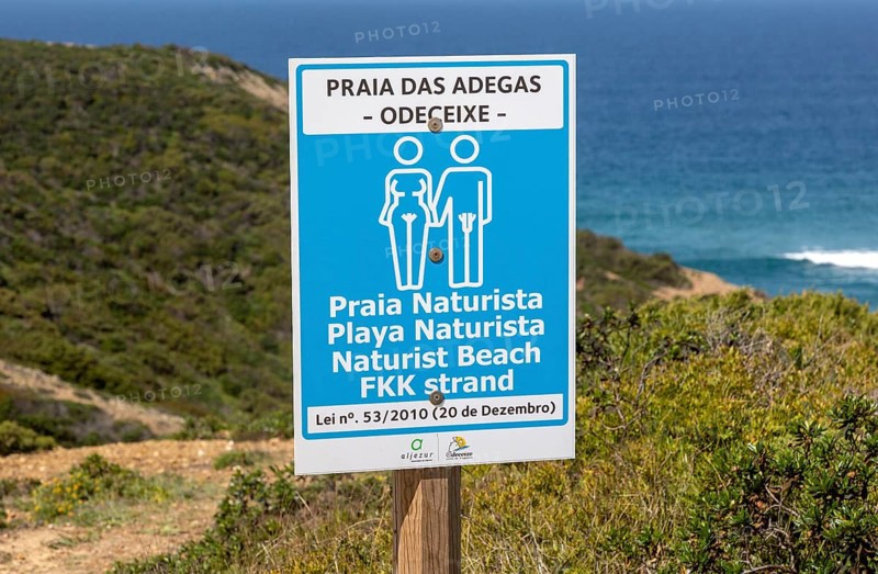 Praia das Adegas naturist beach sign, Odeceixe, Algarve, Portugal, Europe