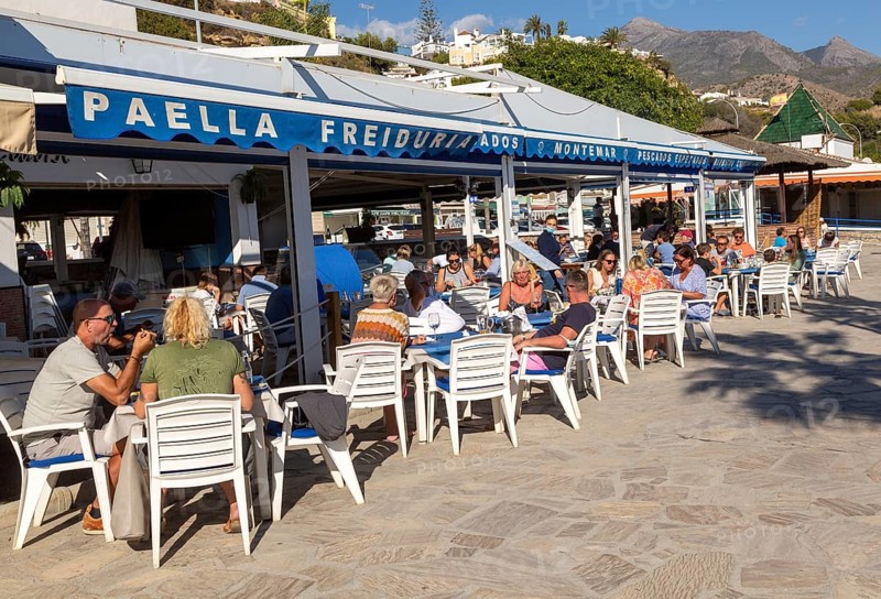 Seafood fish and paella beach restaurant, Playa de Burriana, Nerja, Andalusia, Spain, Europe