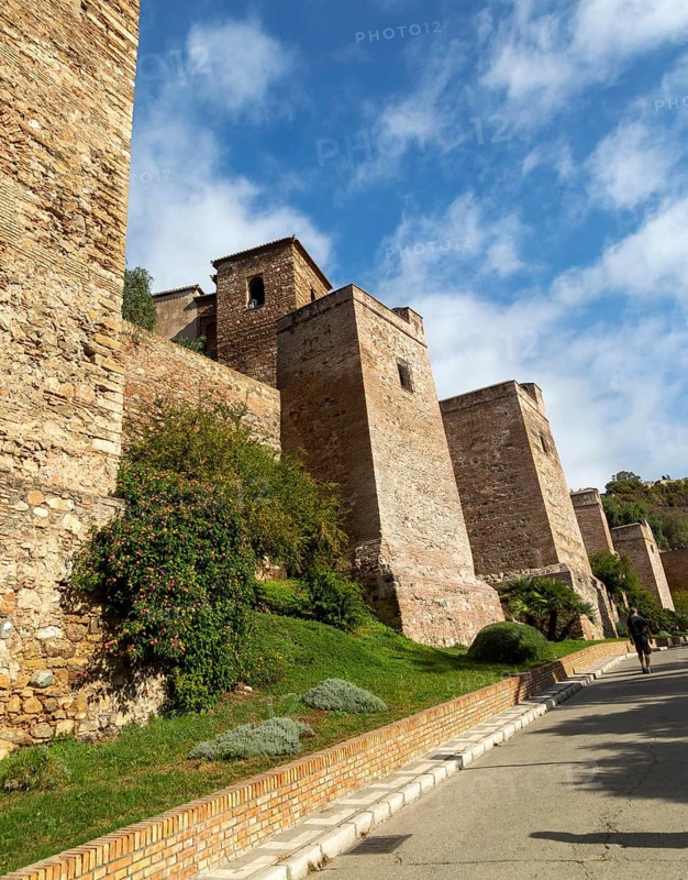 Historic walled defences to Moorish citadel fortress palace of the Alcazaba, Malaga, Andalusia, Spain, Europe