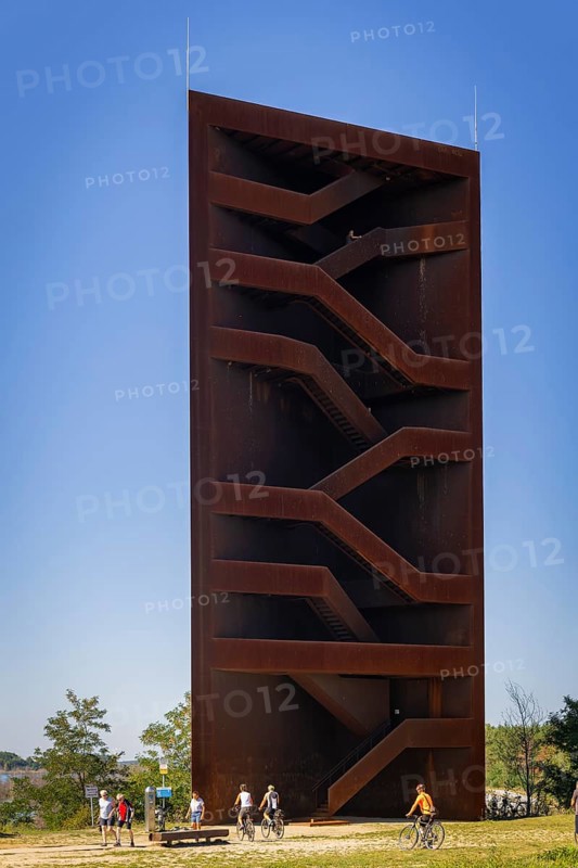 The 30 metre high landmark of the Lusatian Lakeland, the so-called Rusty Nail, was built at the mouth of Lake Sedlitz. It is a lookout tower made of 111 tonnes of Corten steel, with the base of a right-angled triangle with cathetus lengths of approximately twelve and eight metres. 162 steps lead to the viewing platform on the tower, Senftenberg, Brandenburg, Germany, Europe