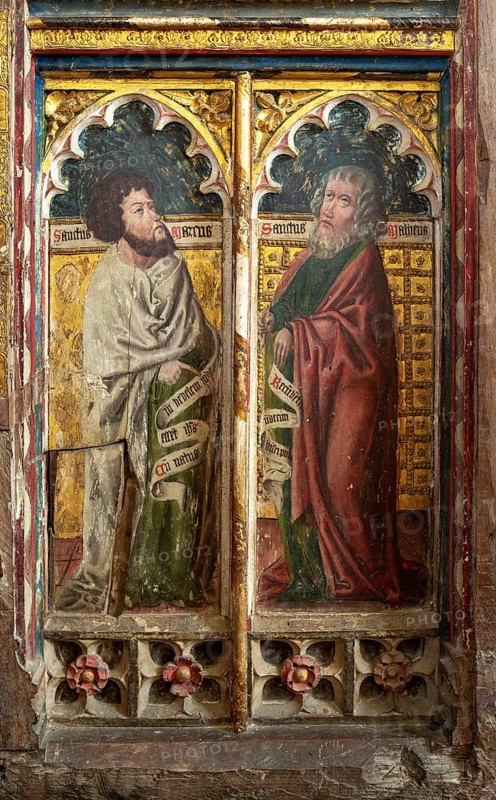 Medieval paintings of saints on rood screen inside church of Saint Andrew, Bramfield, Suffolk, England, UK, Saint Mark and Saint Matthew