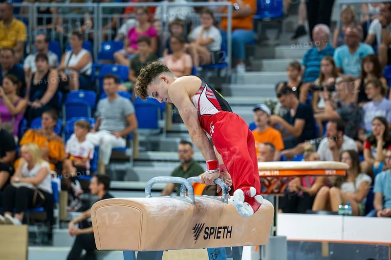 Heidelberg, 9 September 2023: Men's World Championship qualification in conjunction with a national competition against Israel. Alexander Kunz performing his pommel horse routine