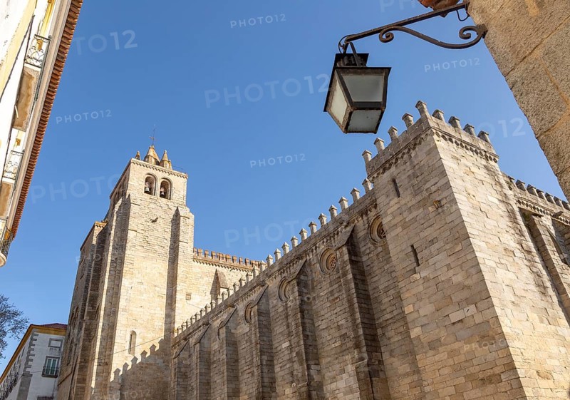 Historic Roman Catholic cathedral church of Evora, Se de Evora, in the city centre, Basilica Cathedral of Our Lady of Assumption, the largest medieval cathedral in Portugal exterior of building dating from the 16th Century