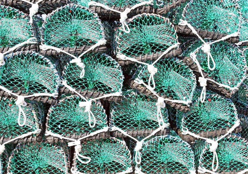 Piles of new lobster pots on Holy Island, Lindisfarne, Northumberland, England, UK close up
