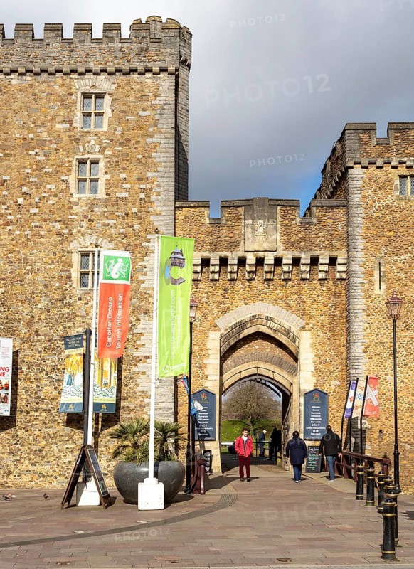 Walls and entrance doorway gateway into Cardiff Castle, Cardiff, South Wales, UK