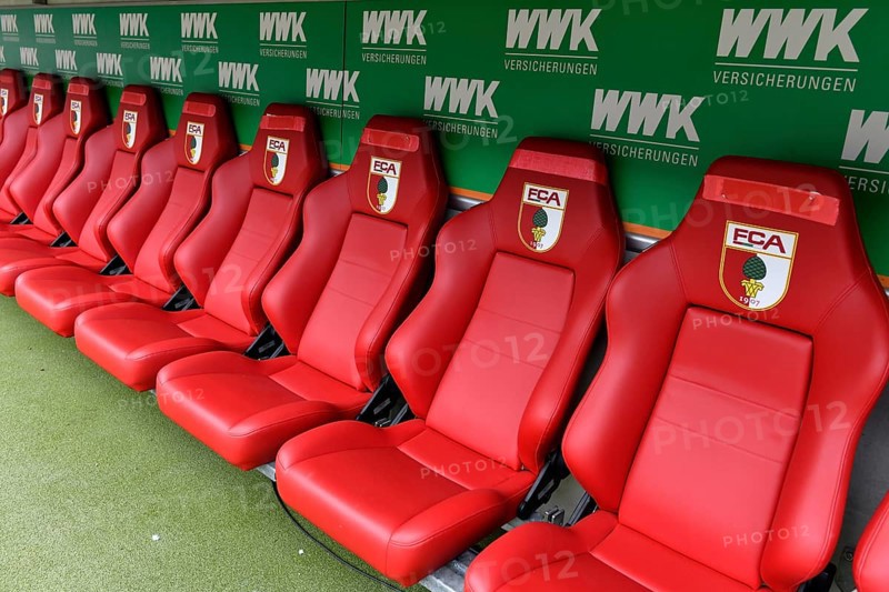 Empty bench, bench, seats, logo, WWK Arena, Augsburg, Bavaria, Germany, Europe