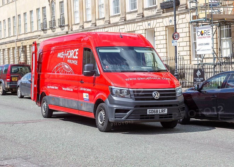 Red Parcel Force Worldwide delivery van, Great Pulteney Street, Bath, Somerset, England, UK