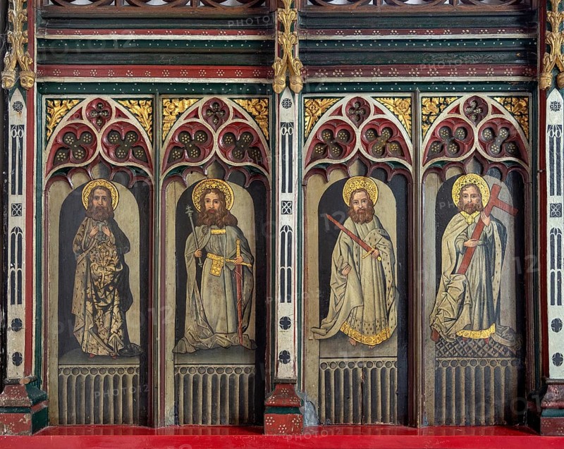 Victorian rood screen paintings of saints, Bildeston church, Suffolk, England, UK, St John, St Louis?, St Paul, St James the Less? (1890s)