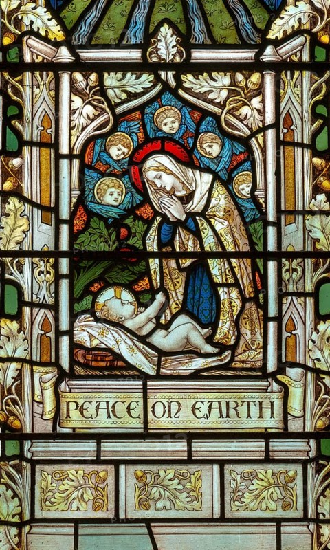 Church of All Saints, Great Glemham, Suffolk, England, UK stained glass window Peace on Earth by Powell & Son c 1915