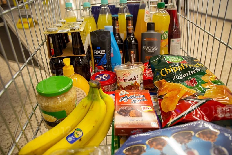 Shopping trolley with food in a supermarket in Germany