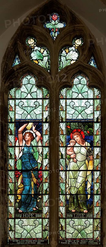 Stained glass window depicting Hope and Love designed by Henry Holiday 1890s, Fressingfield church, Suffolk, England, UK