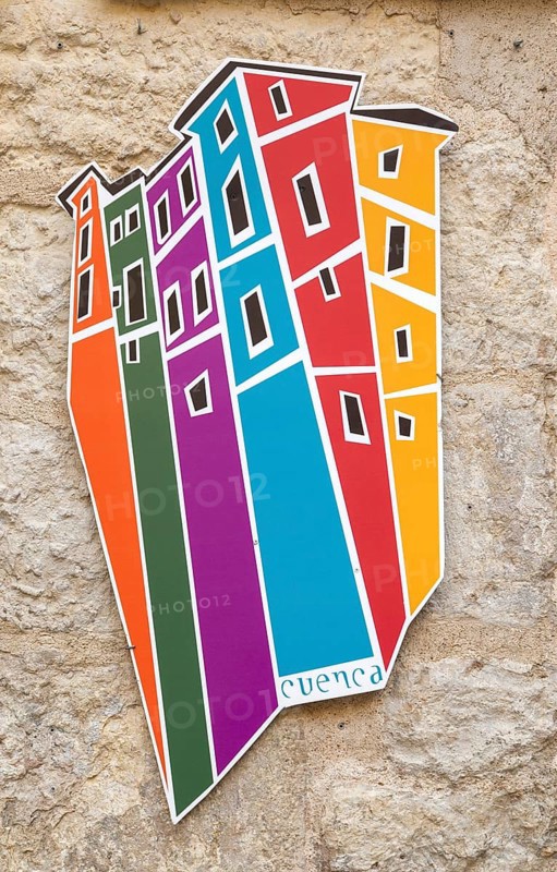 Design artwork of historic colourful buildings found in Cuenca, Castille La Mancha, Spain, Europe