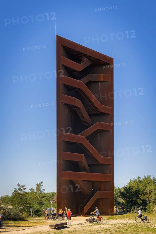 The 30 metre high landmark of the Lusatian Lakeland, the so-called Rusty Nail, was built at the mouth of Lake Sedlitz. It is a lookout tower made of 111 tonnes of Corten steel, with the base of a right-angled triangle with cathetus lengths of approximately twelve and eight metres. 162 steps lead to the viewing platform on the tower, Senftenberg, Brandenburg, Germany, Europe