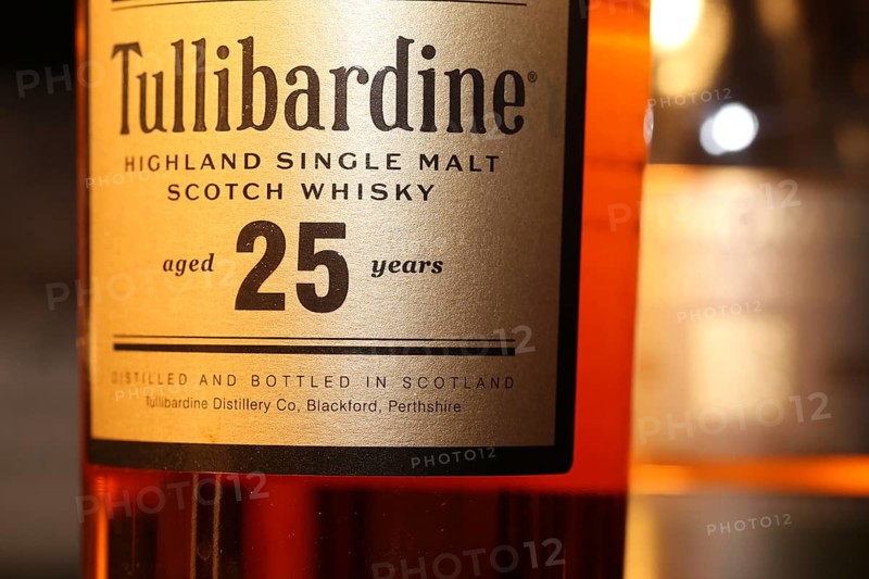 Close-up of a bottle of Tullibardine Single Malt 25 Years whiskey