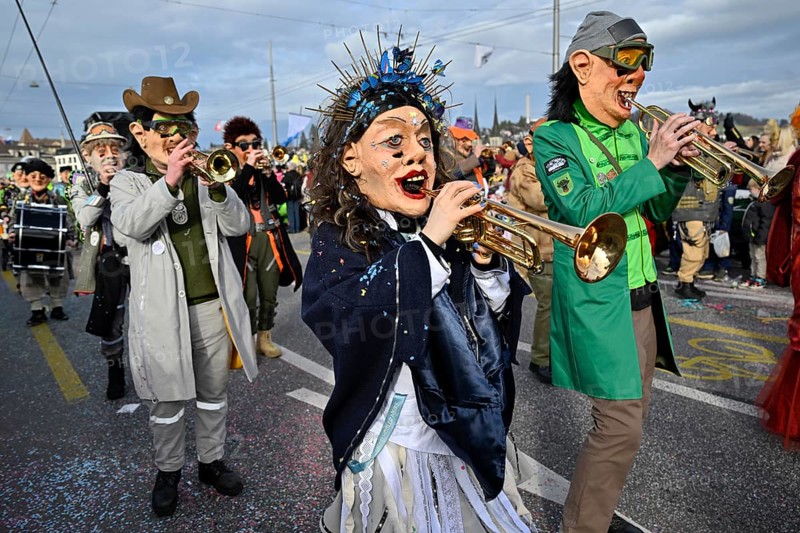 Guggenmusik woman's mask trumpet