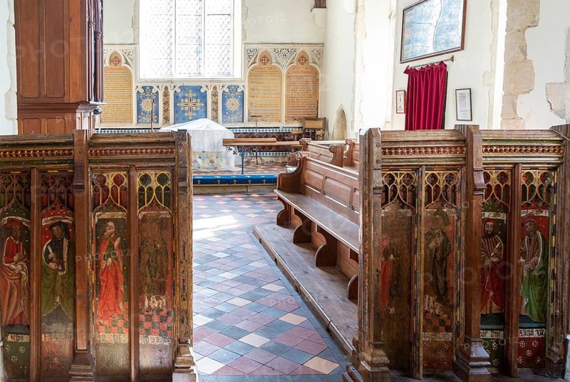 Medieval rood screen paintings of prophets, Bedfield church, Suffolk, England, UK