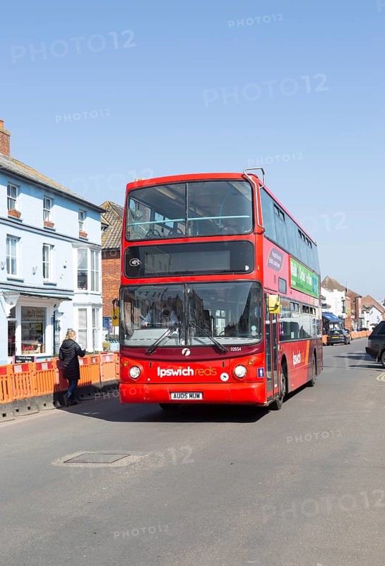 Ipswich Reds double decker Volvo service bus 32654, Aldeburgh, Suffolk, England, UK