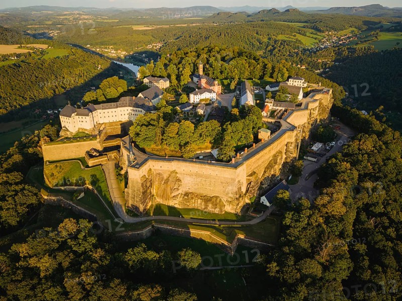Aerial view of Koenigstein Fortress in Saxon Switzerland, Koenigstein, Saxony, Germany, Europe