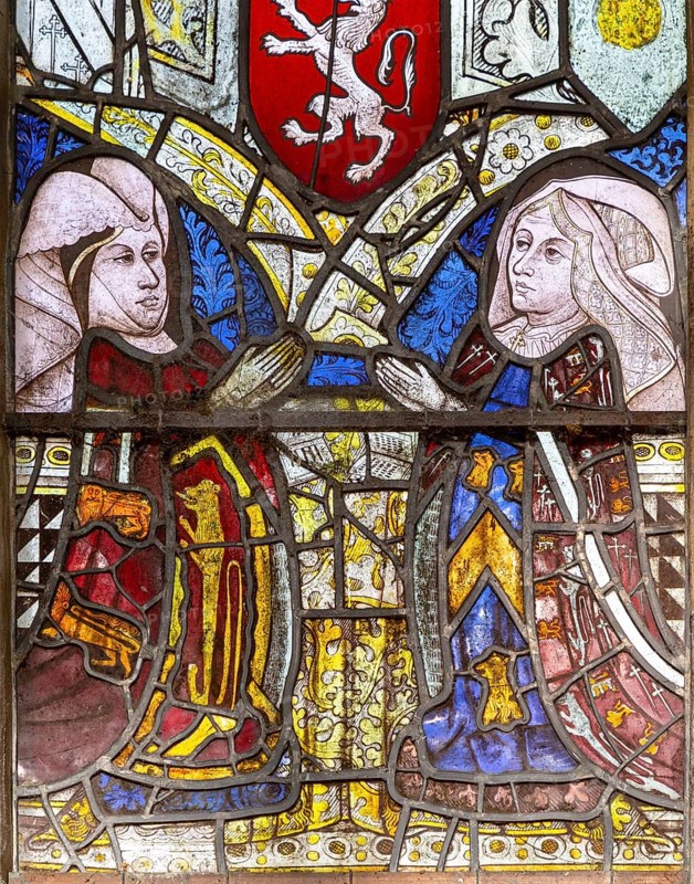 Medieval stained glass window, Holy Trinity church, Long Melford, Suffolk, England, Elizabeth Talbot (1443-1506), Elizabeth Tilney (1445-97)