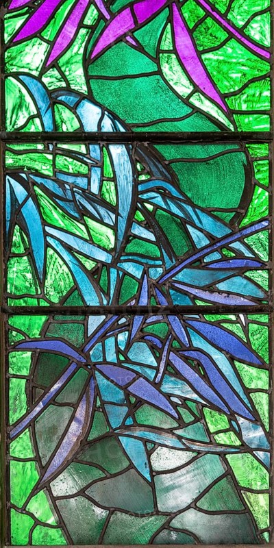 Detail stained glass window Benjamin Britten memorial by John Piper, Aldeburgh, Suffolk, England, UK, detail Curlew River