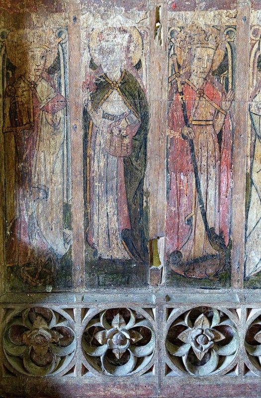 Medieval rood screen paintings of saints church of Saint Andrew, Westhall, Suffolk, England, UK