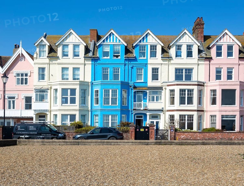 Historic colourful houses on the seafront, Aldeburgh, Suffolk, England, UK