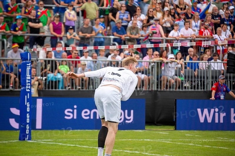 Fistball World Championship from 22 July to 29 July 2023 in Mannheim: The German national team won its opening match against Namibia with 3:0 sets. Pictured here: Attacking player Patrick Thomas from TSV Pfungstadt