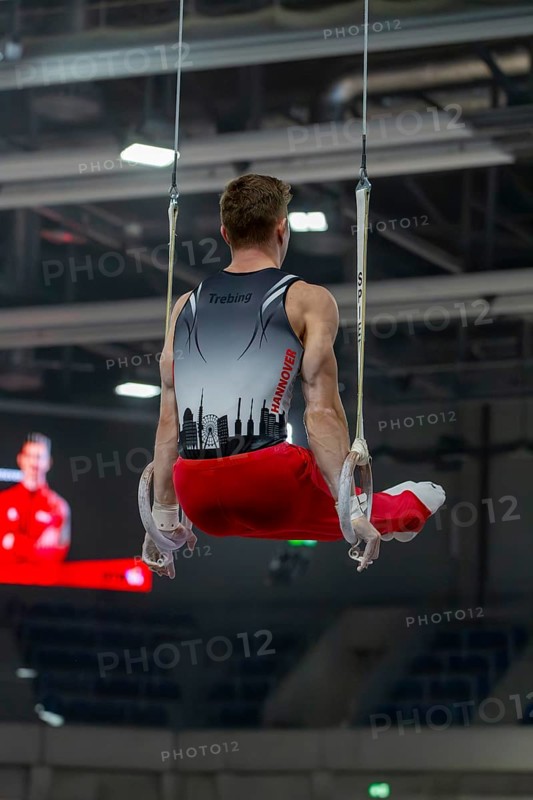 Heidelberg, 9 September 2023: Men's World Championship qualification in conjunction with a national competition against Israel. Glenn Trebing during his routine on the rings