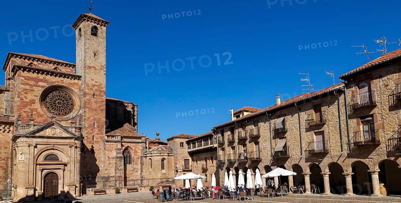View from Plaza Mayor of cathedral church, Catedral de Santa Maria de Sigueenza, Siguenza, Guadalajara province, Spain, Europe