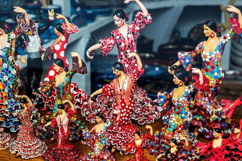 Flamenco dancers Spanish souvenir products on display in shop window, Frigiliana, Axarquia, Andalusia, Spain, Europe