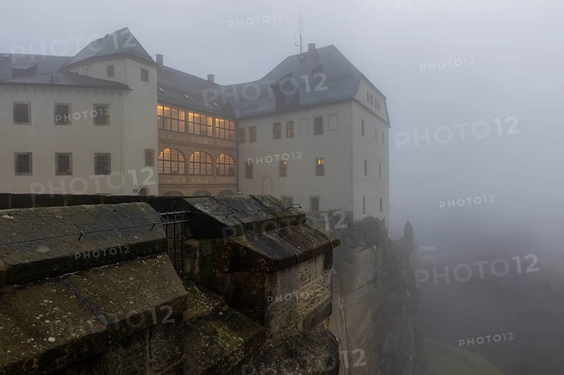 Winter atmosphere at the mountain fortress. Georgenburg Castle, Koenigstein, Saxony, Germany, Europe