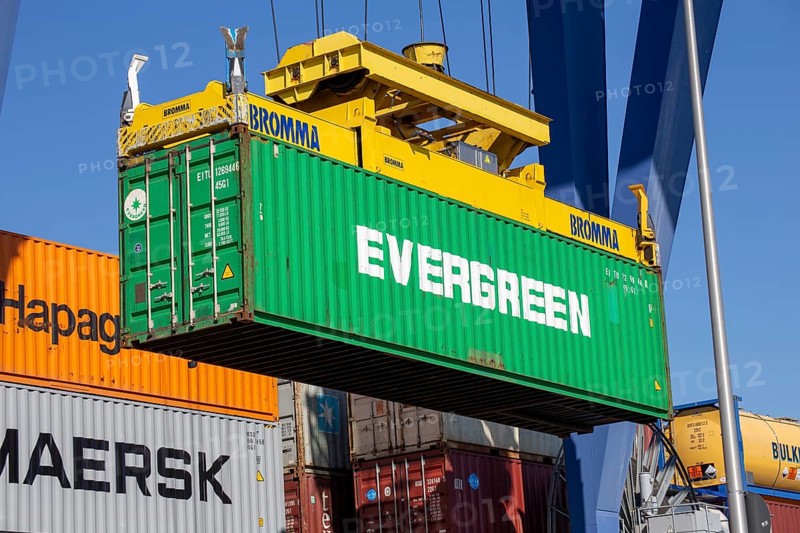 An Evergreen Line container is loaded in the port of Mannheim, Germany. Supply bottlenecks and a sharp rise in container prices are currently affecting global trade
