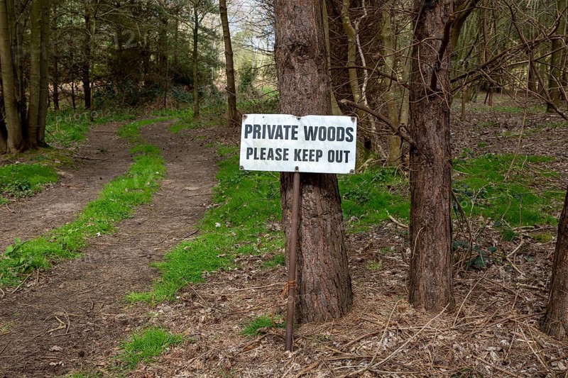 Sign keep out private woods Sutton, Suffolk, England, Uk