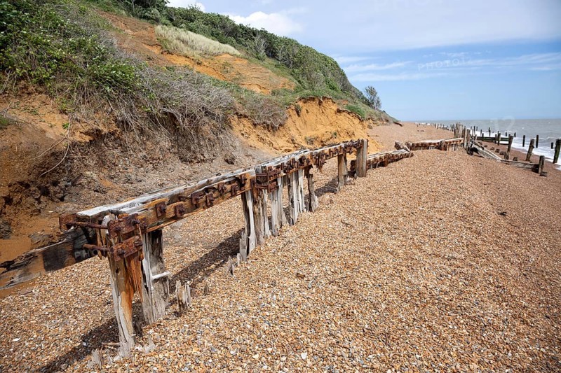 Remnants of old coastal defences and groynes most 1940s anti-invasion military structures, Bawdsey, Suffolk, England, UK