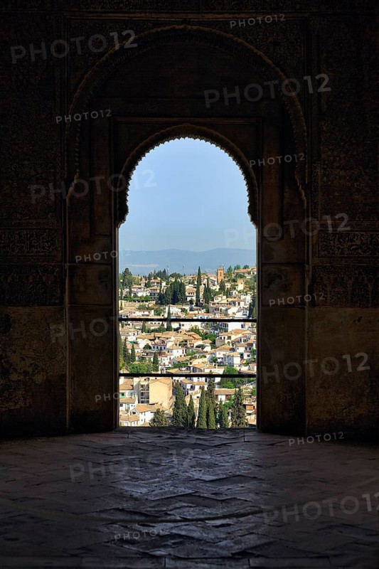Palacio de Generalife, view through window, door with round arch, Mirador del Patio de la Acequia, oriental, Alhambra, Granada, Spain, Europe