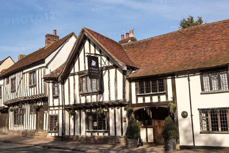 Historic Tudor architecture of the Swan Hotel, Lavenham, Suffolk, England, UK